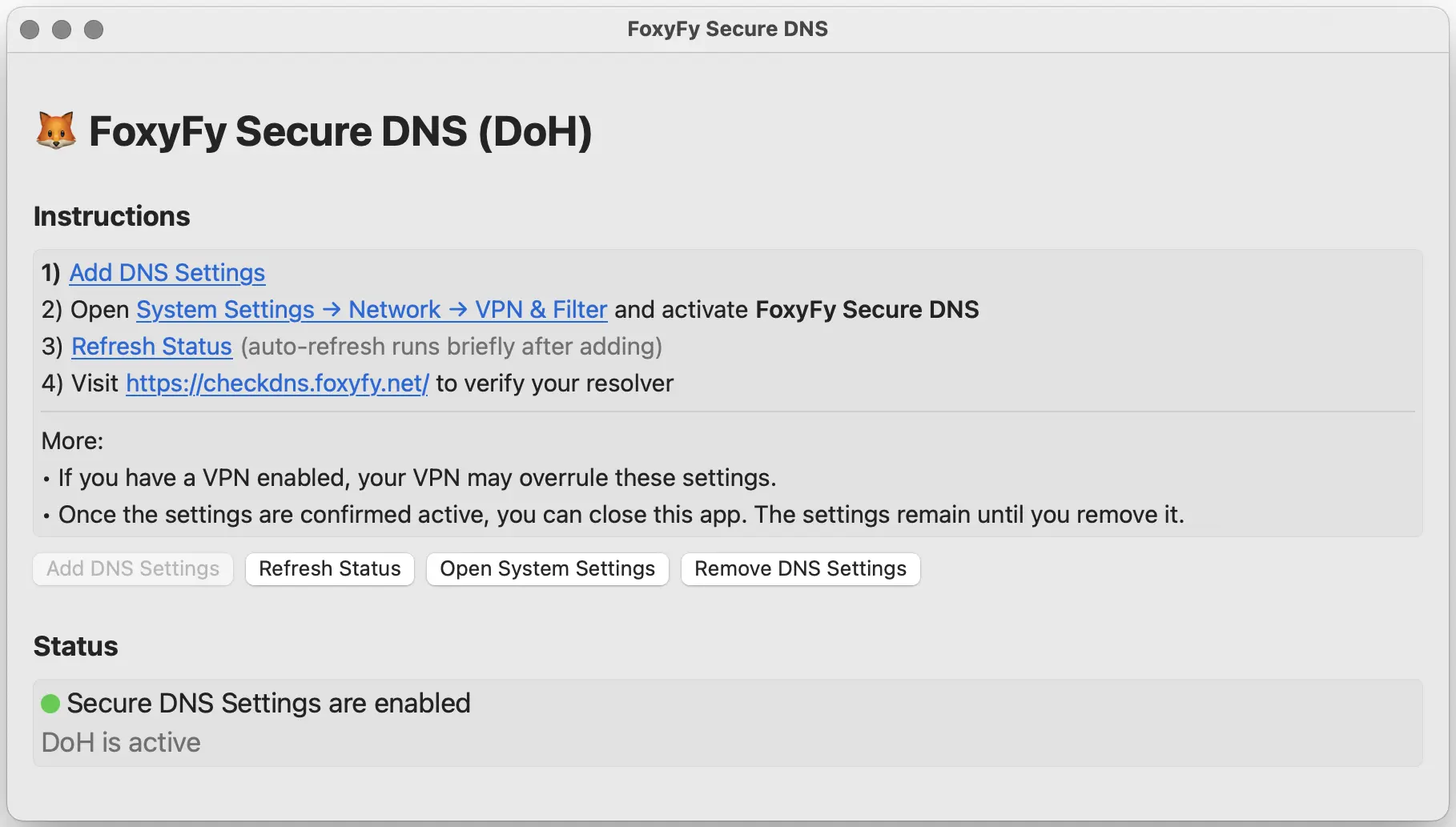 FoxyFy Secure DNS App Screen